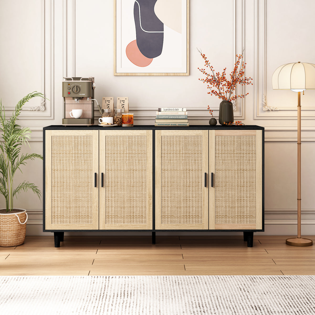 62-Inch Black Rattan 4-Door Storage Cabinet