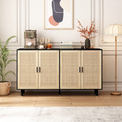 62-Inch Black Rattan 4-Door Storage Cabinet