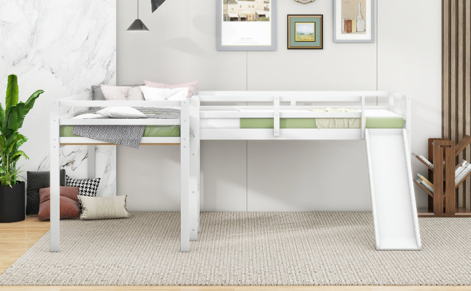 L-Shaped Twin Loft Bed with Slide White