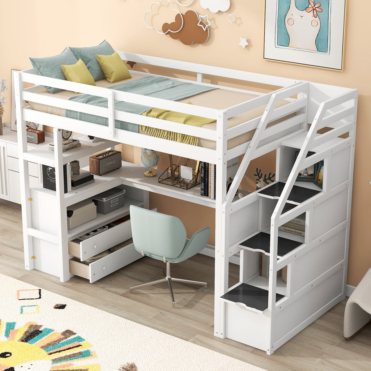 Twin Loft Bed with Storage Staircase White
