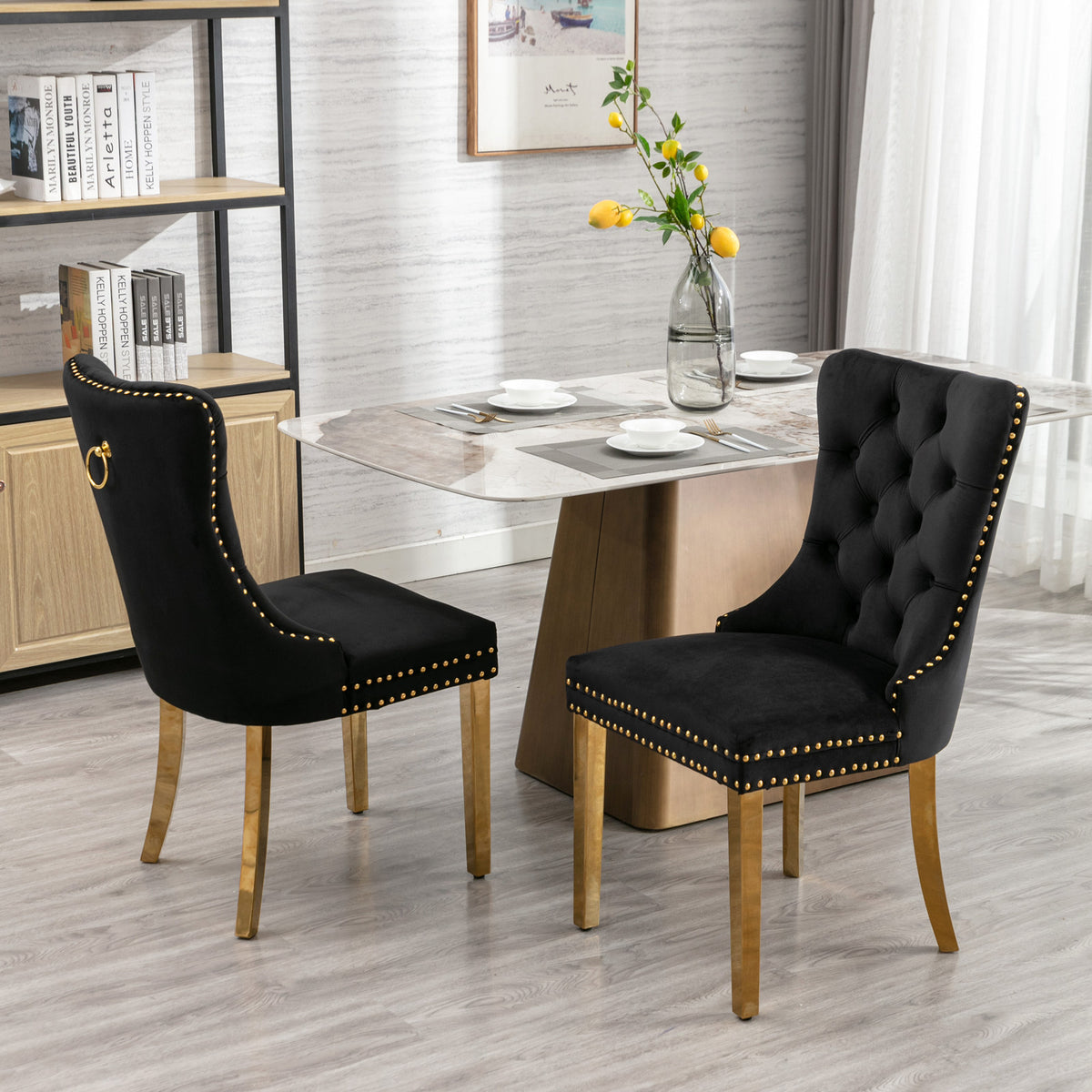 Velvet Dining Chair Set (2 pcs) – Black & Gold Trim