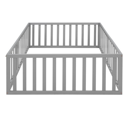 Full Wood Platform Bed with Fence Gray
