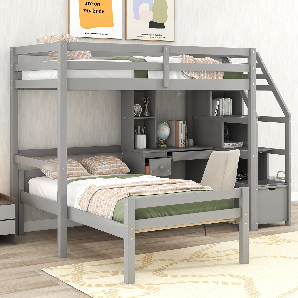 Twin Loft Bed with Storage Gray
