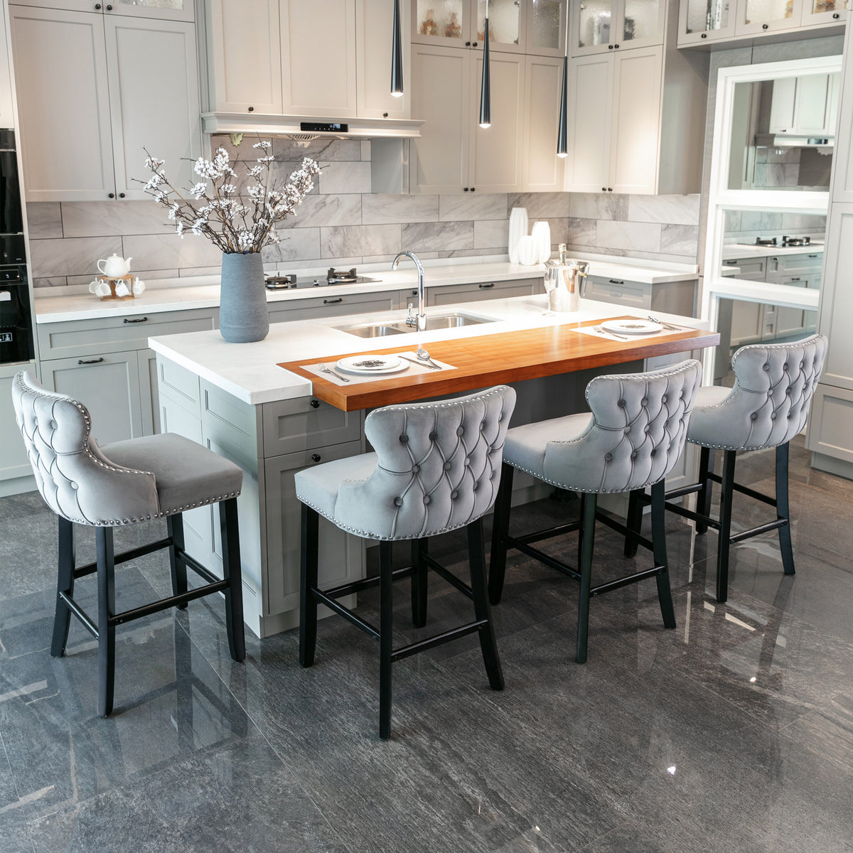 Velvet Wingback Bar Stool Set (2 pcs) – Gray