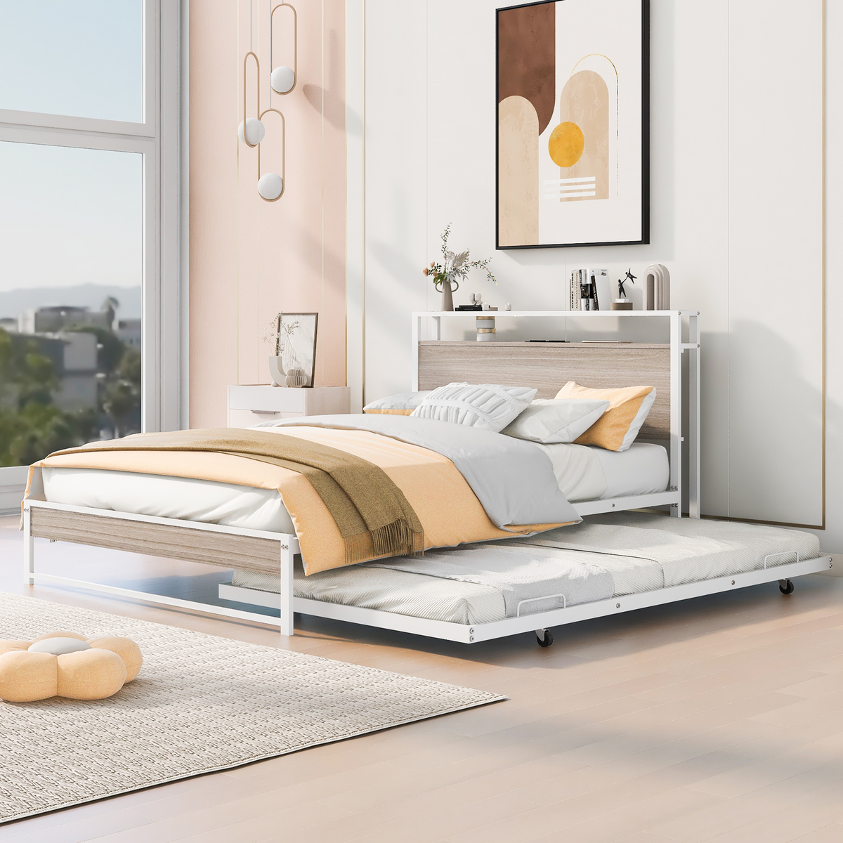 Full Metal Platform Bed with USB Ports White