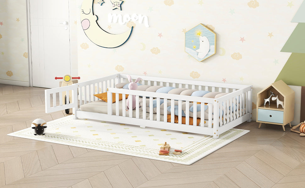 Twin Floor Bed with Guardrails White