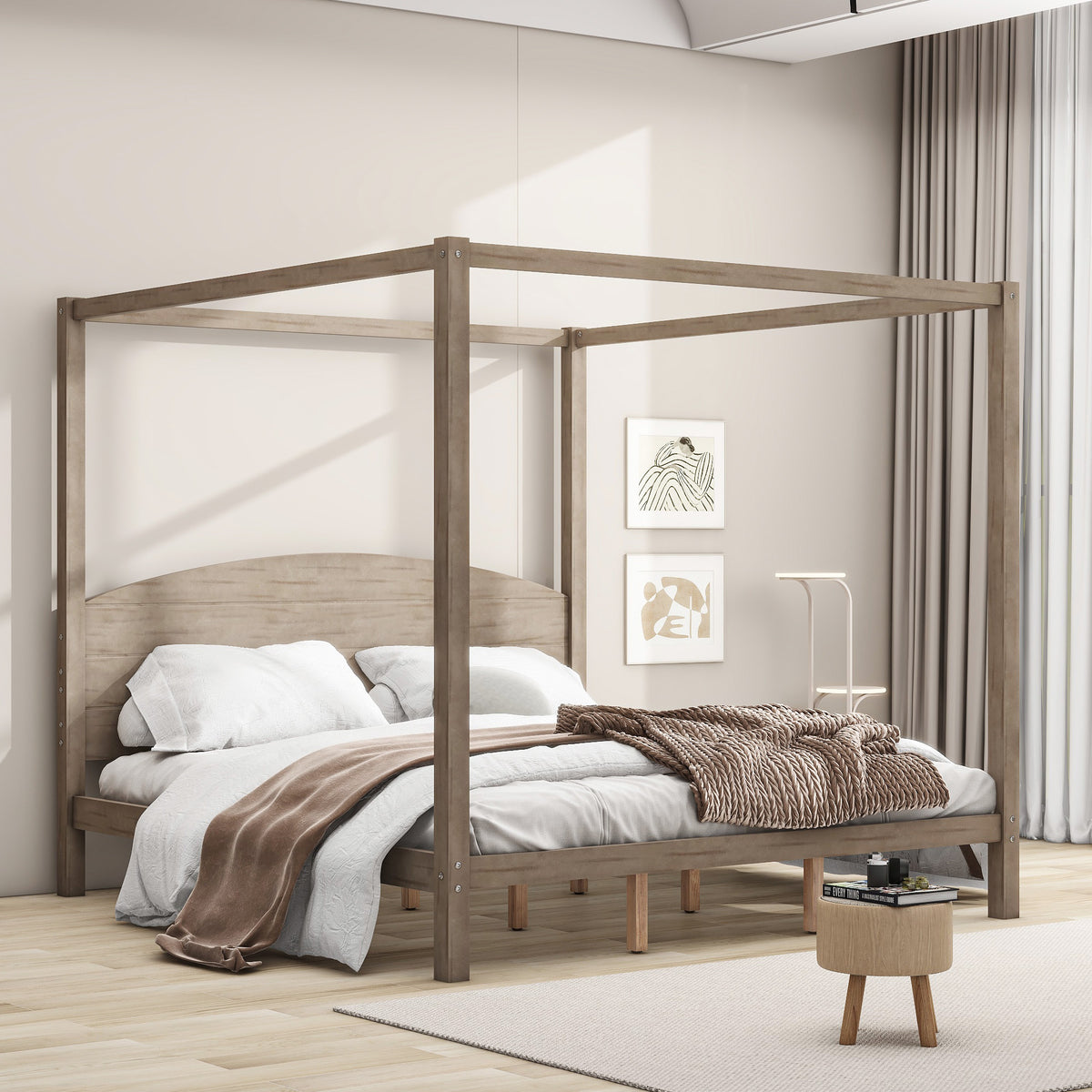 Canopy Platform Bed with Headboard Brown Wash