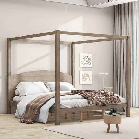 Canopy Platform Bed with Headboard Brown Wash