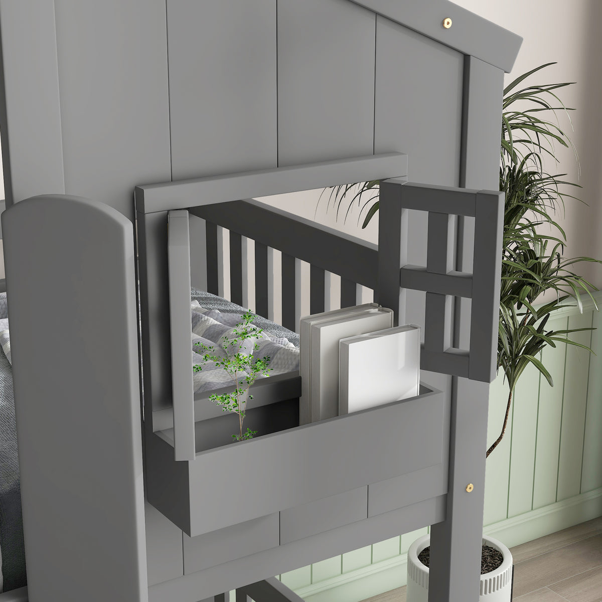 Twin House Bunk Bed with Ladder Grey