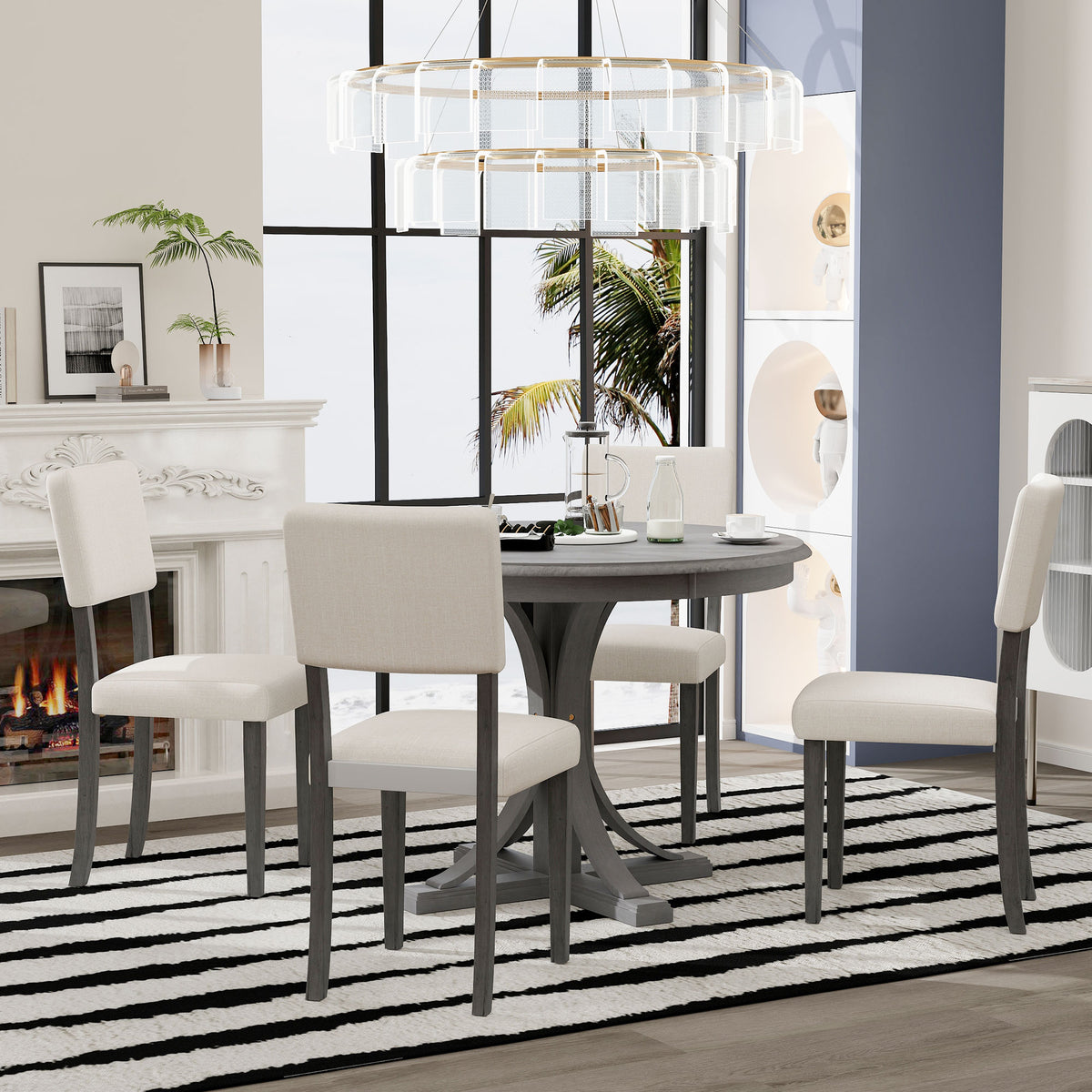 Dark Gray 5-Piece Round Dining Set – Solid Wood Table with Upholstered Chairs