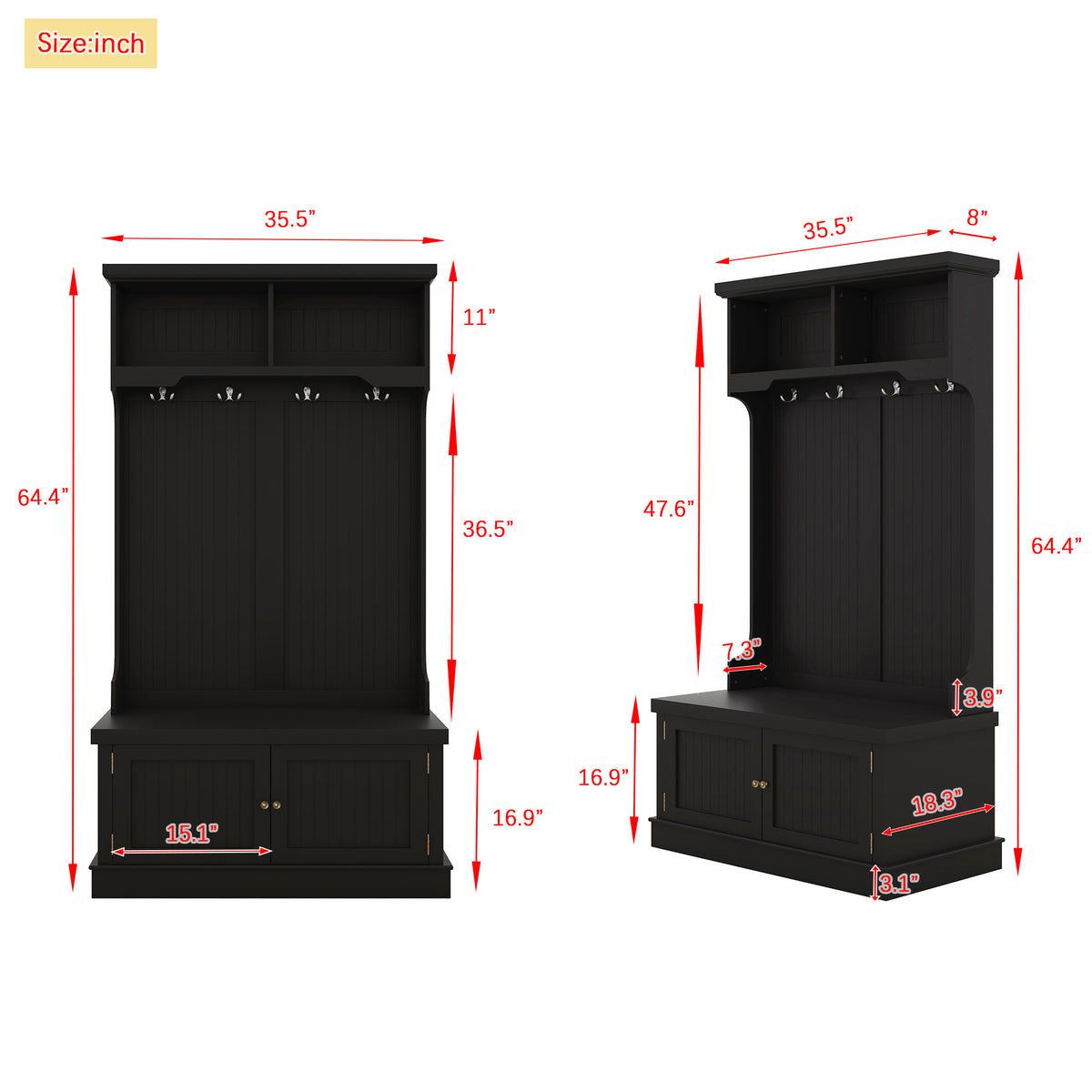 Hall Tree with Drawers and Hooks Black