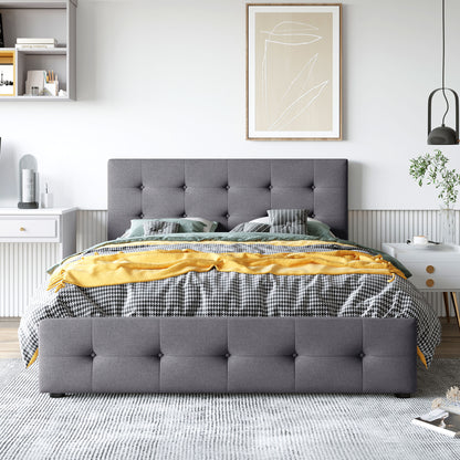 Upholstered Queen Platform Bed with Drawers Gray