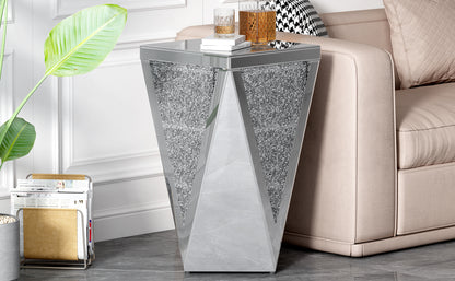 Silver Mirrored End Table with Crushed Diamond Base