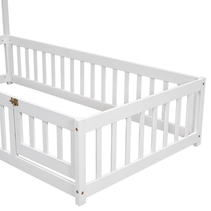 Twin Floor Bed with Fence – White Finish