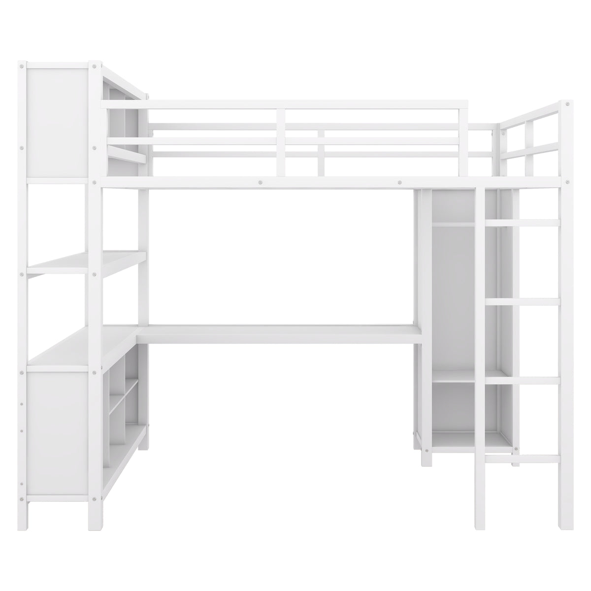 Full Loft Bed with Wardrobe and Shelf White