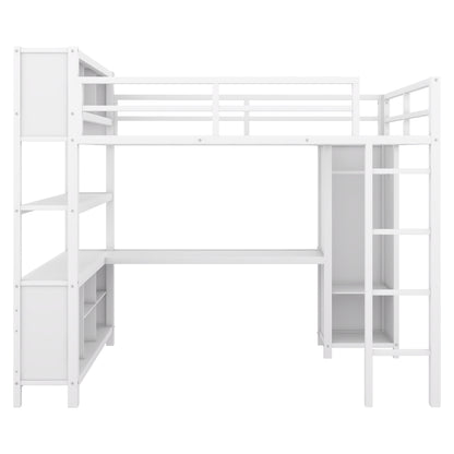 Full Loft Bed with Wardrobe and Shelf White
