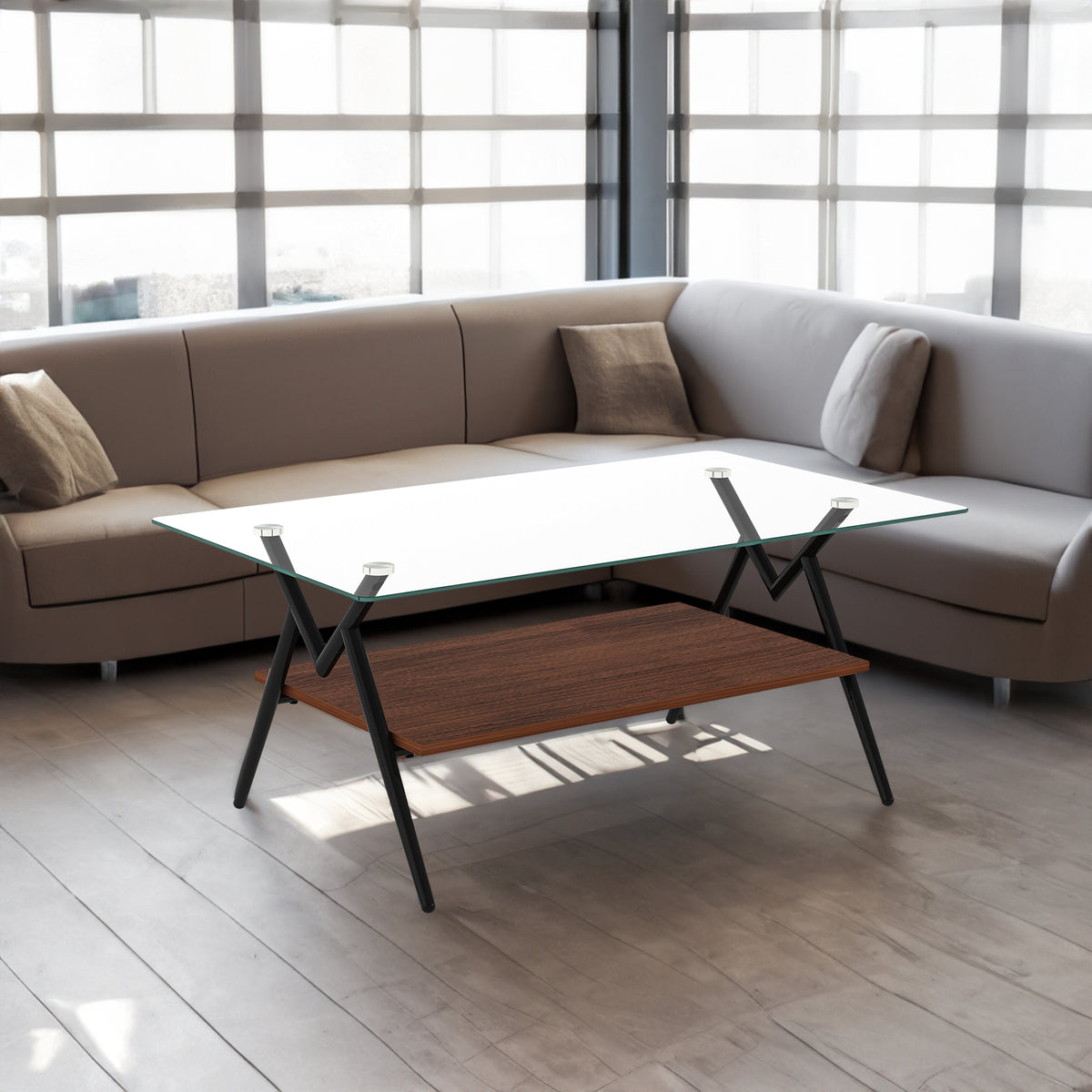 Rectangular Glass Coffee Table with Black Frame