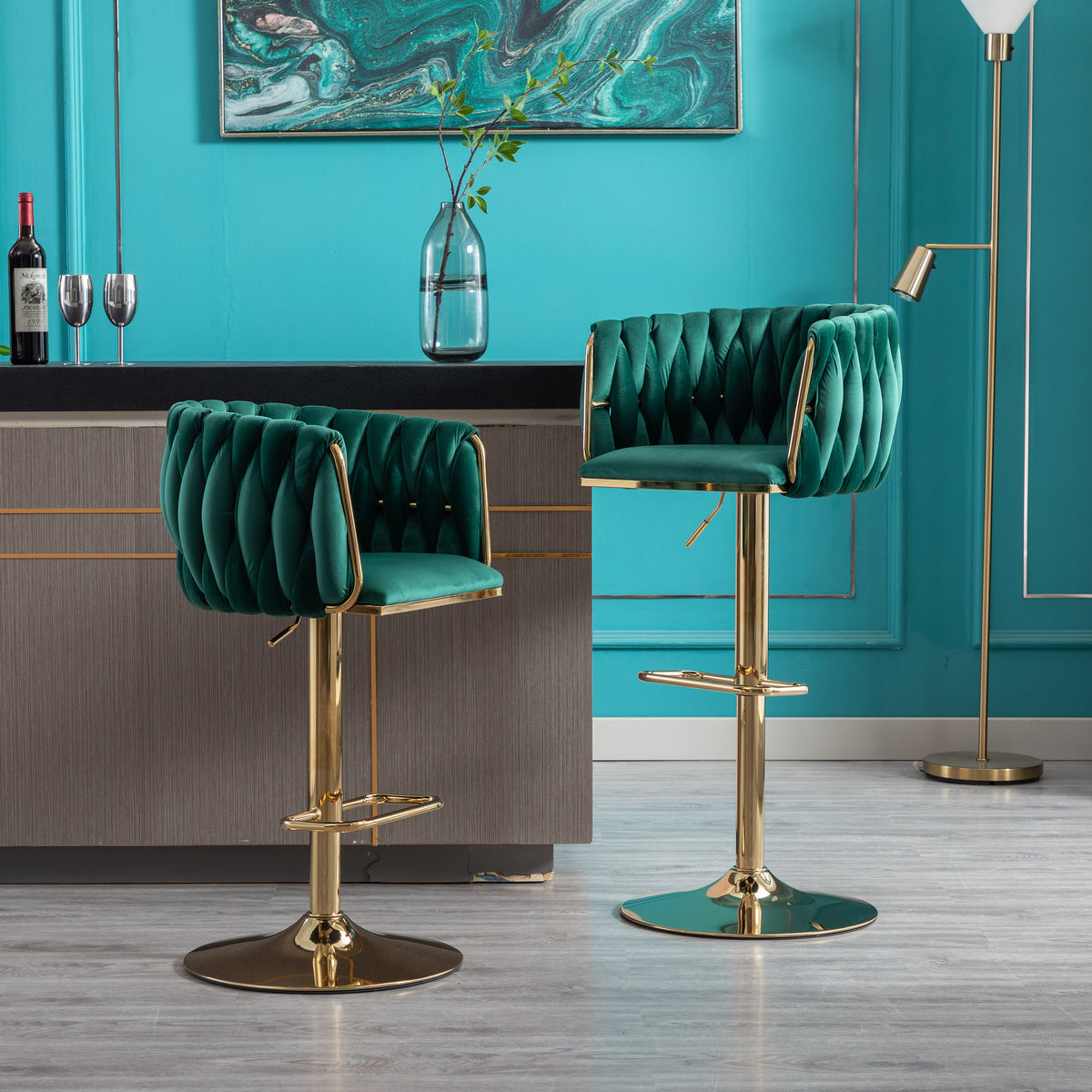 Velvet Swivel Bar Stools Set of 2 Green