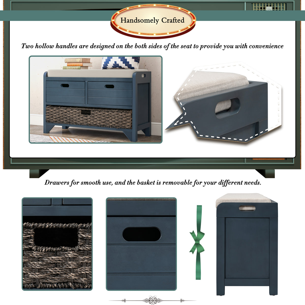 Navy Storage Bench with Rattan Basket