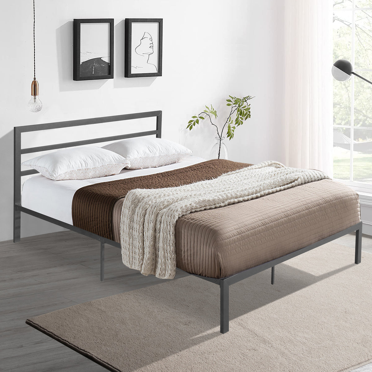 Charcoal Gray Metal Bed Frame with Headboard