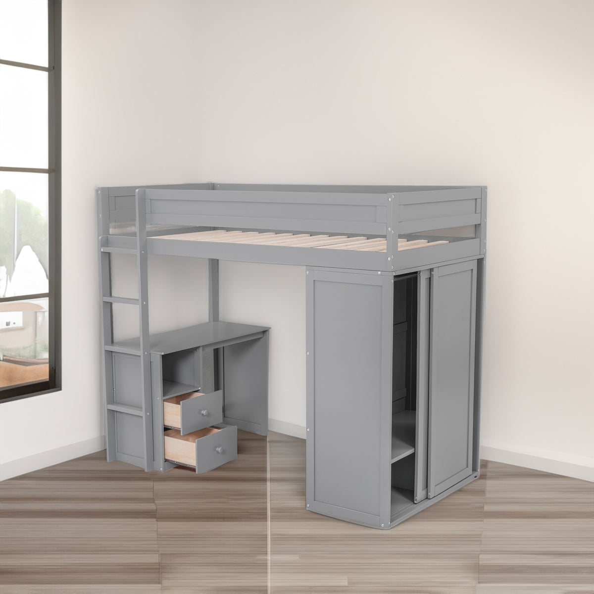 Twin Loft Bed with Wardrobe Gray