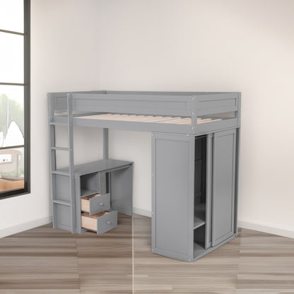 Twin Loft Bed with Wardrobe Gray