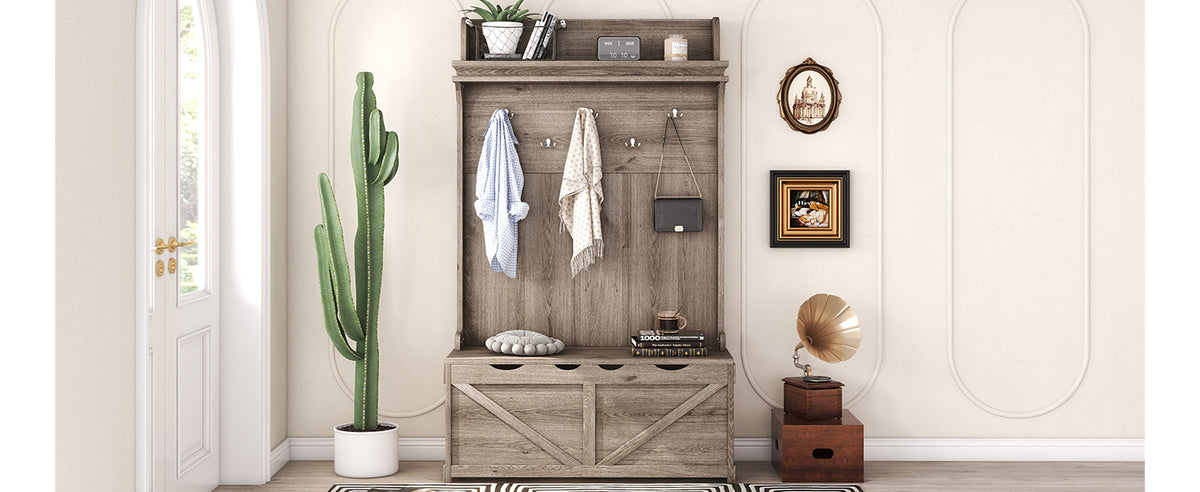Oak Hall Tree with Hooks, Shelves, and Storage Bench