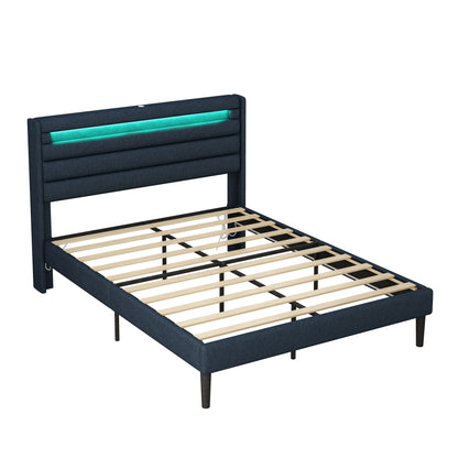 Queen Bedframe with Linen Wrapped LED Headboard Blue