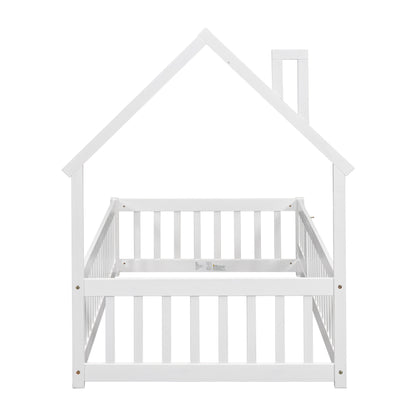 Twin Floor Bed with Fence – White Finish