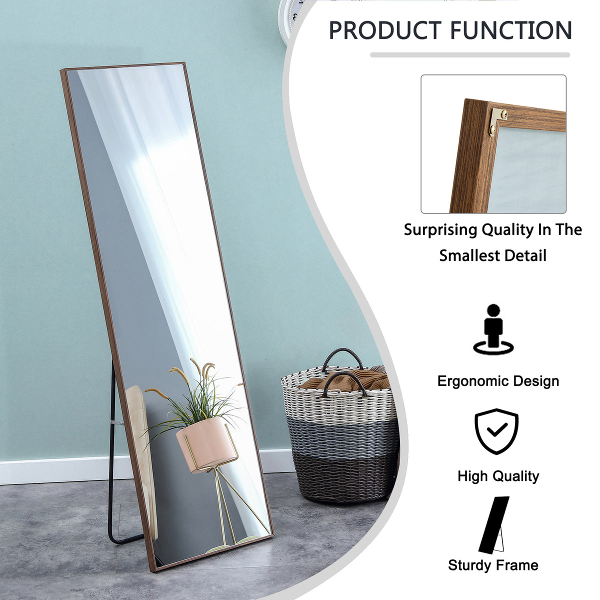 Brown Full-Length Floor Mirror Solid Wood Frame