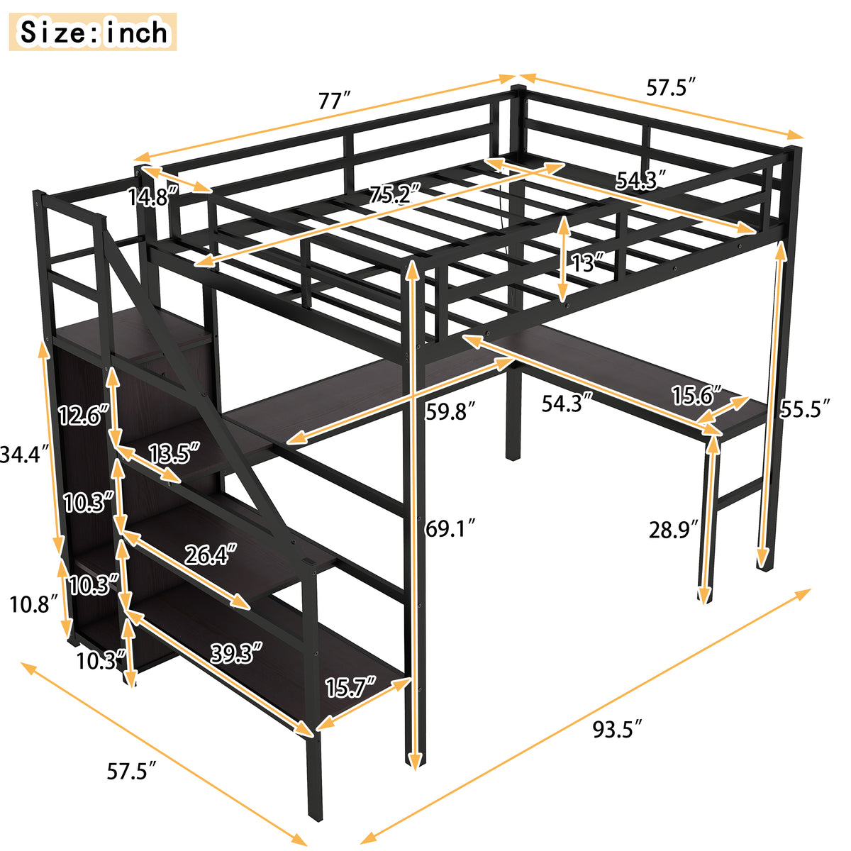 Full Loft Bed with Desk & Storage – Gray