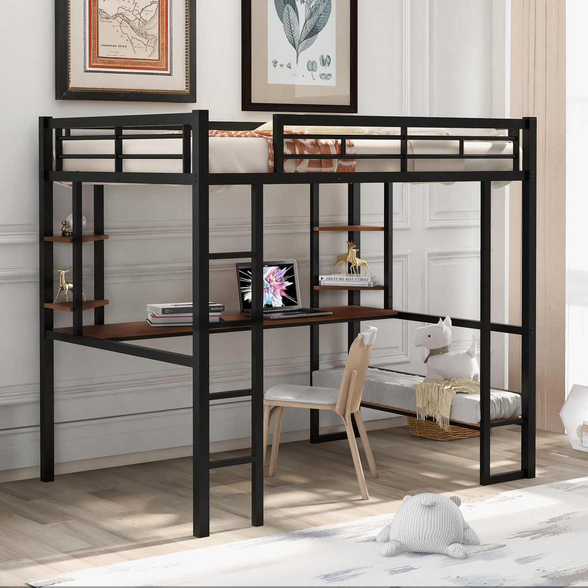 Full Loft Bed with Shelves and Desk Black