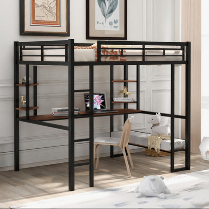 Full Loft Bed with Shelves and Desk Black
