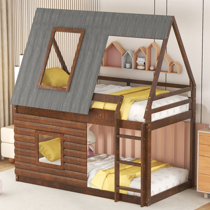 Twin Bunk Bed with Roof Windows Gray