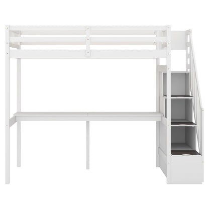 Twin Loft Bed with Staircase and Desk White