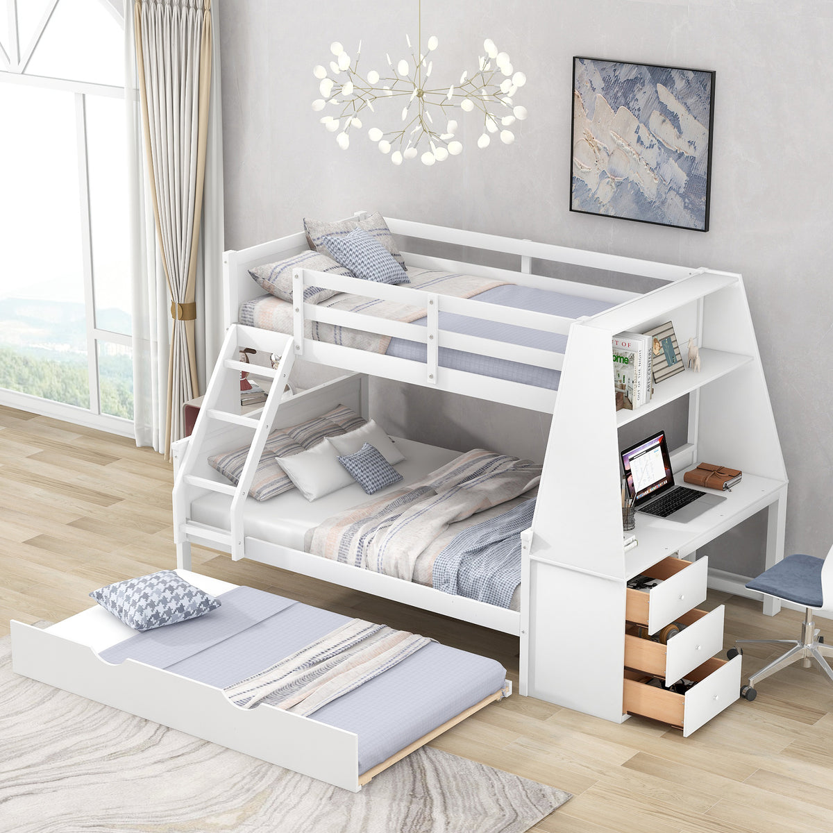 Twin Over Full Bunk Bed with Built-In Desk White