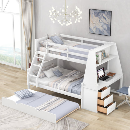 Twin Over Full Bunk Bed with Built-In Desk White