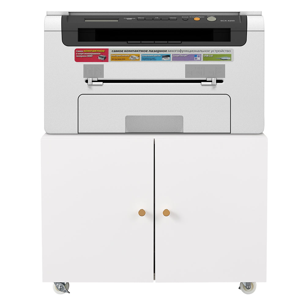 White Mobile Copier Cabinet – 2-Door File & Printer Stand with Wheels