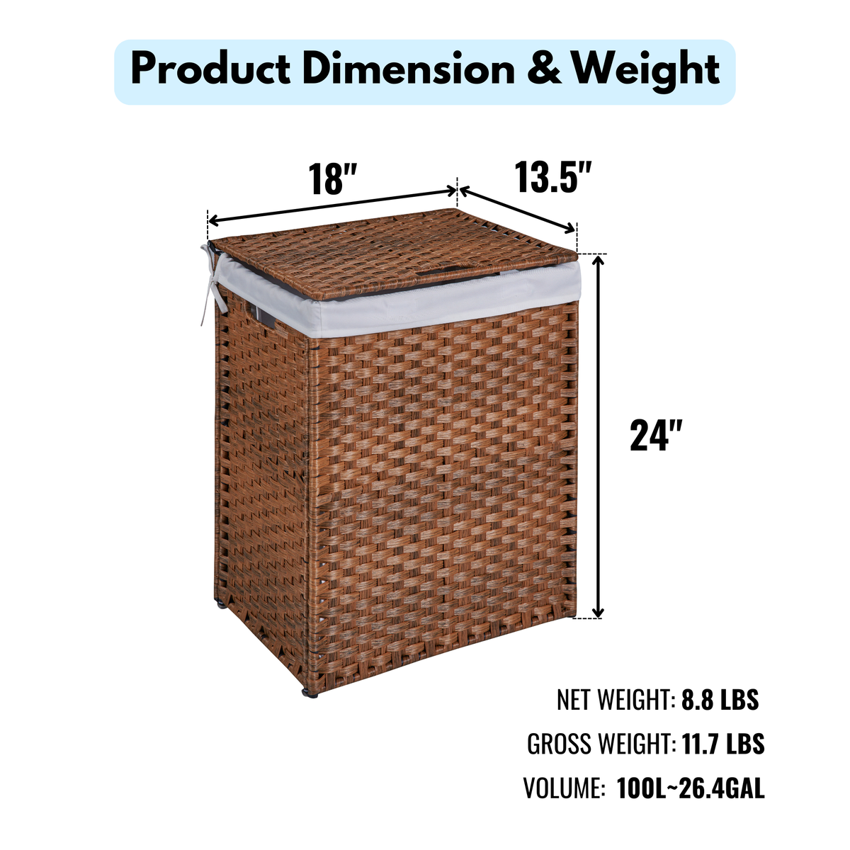Brown Laundry Hamper with Lid and 2 Removable Bags
