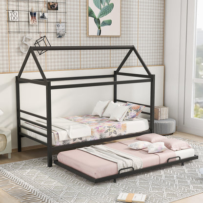 Metal House Platform Bed with Trundle Black
