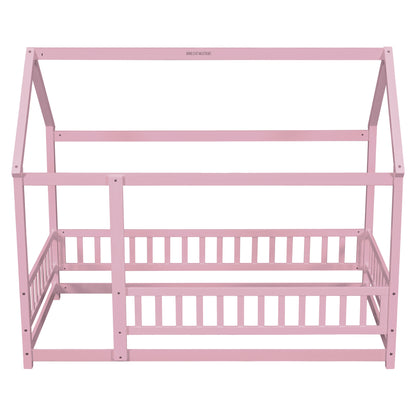 Twin Floor Bed with Fence Guardrails Pink
