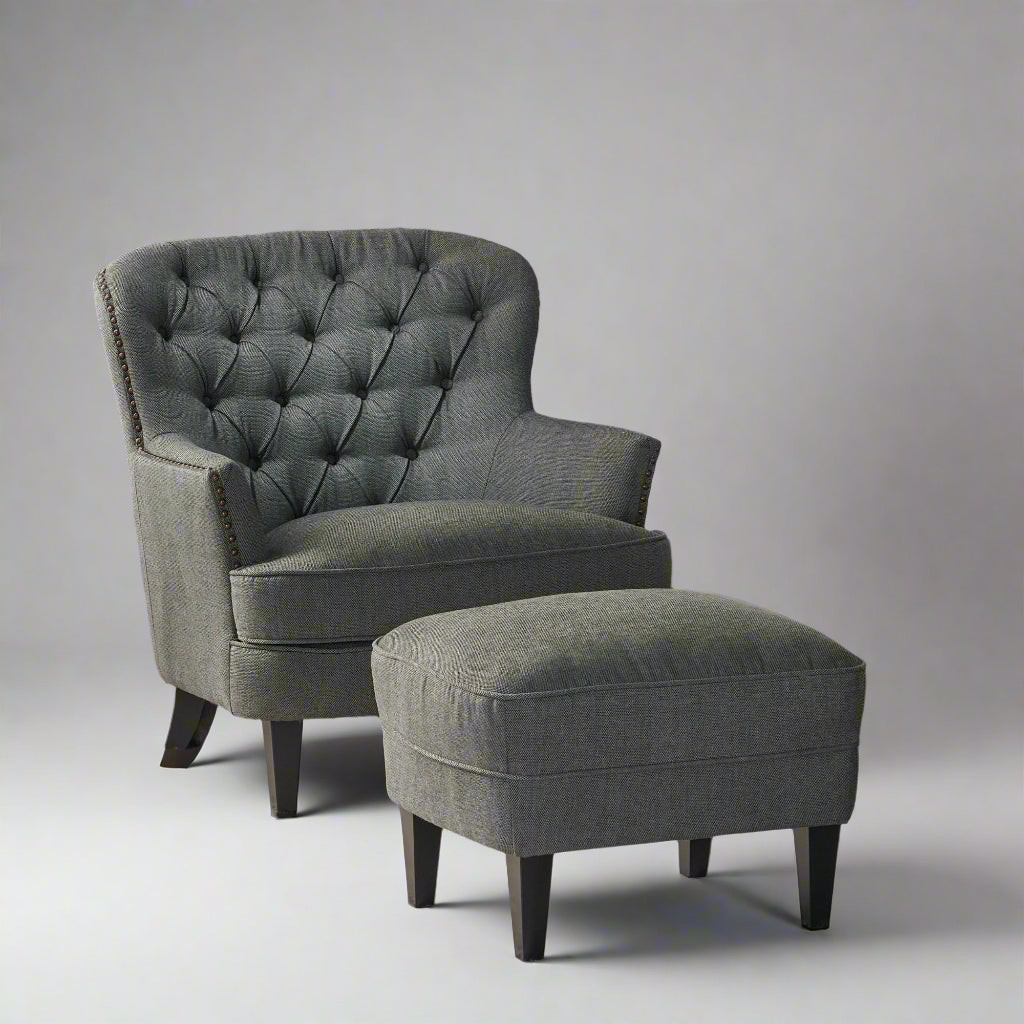 Modern Grey Fabric Club Chair with Ottoman – Upholstered Lounge Set