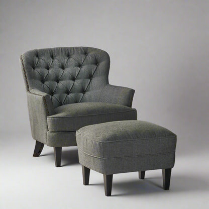 Modern Grey Fabric Club Chair with Ottoman – Upholstered Lounge Set