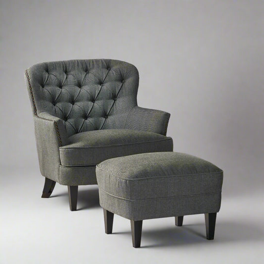 Modern Grey Fabric Club Chair with Ottoman – Upholstered Lounge Set