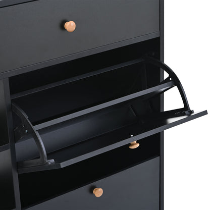 Modern Black Double-Layer Shoe Cabinet with Drawers