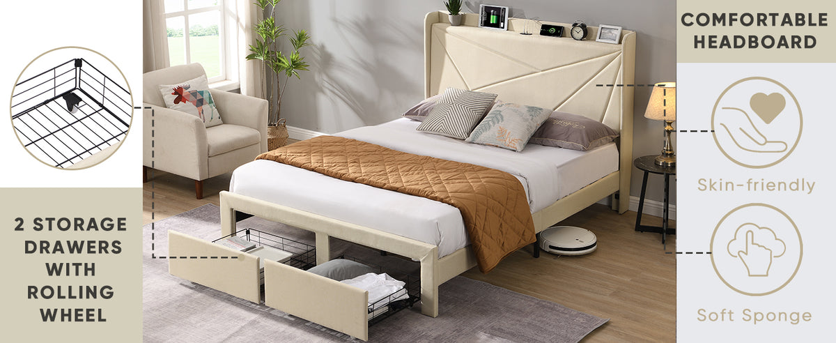 Full Size Upholstered Bed with Drawers – Beige