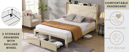 Full Size Upholstered Bed with Drawers – Beige
