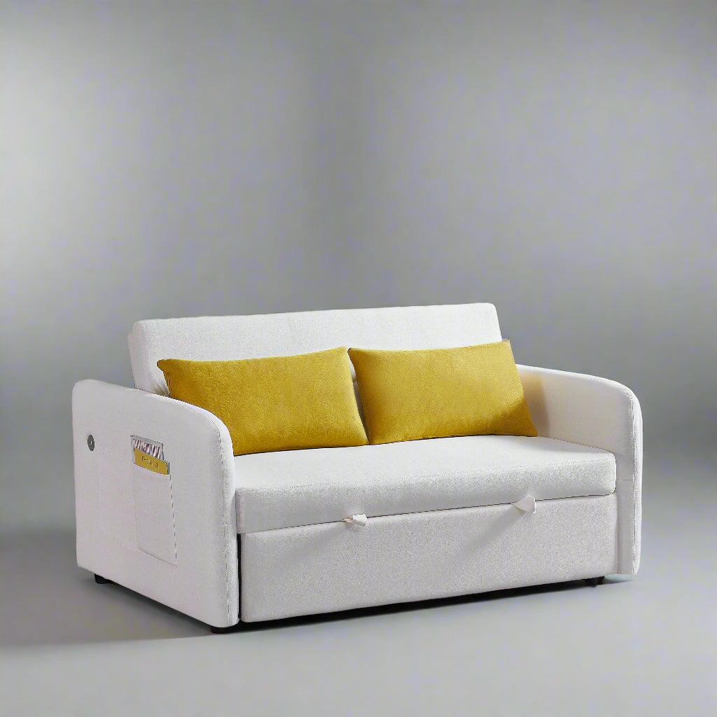 Cream Convertible Sofa Bed – Twin Size Sleeper with Storage