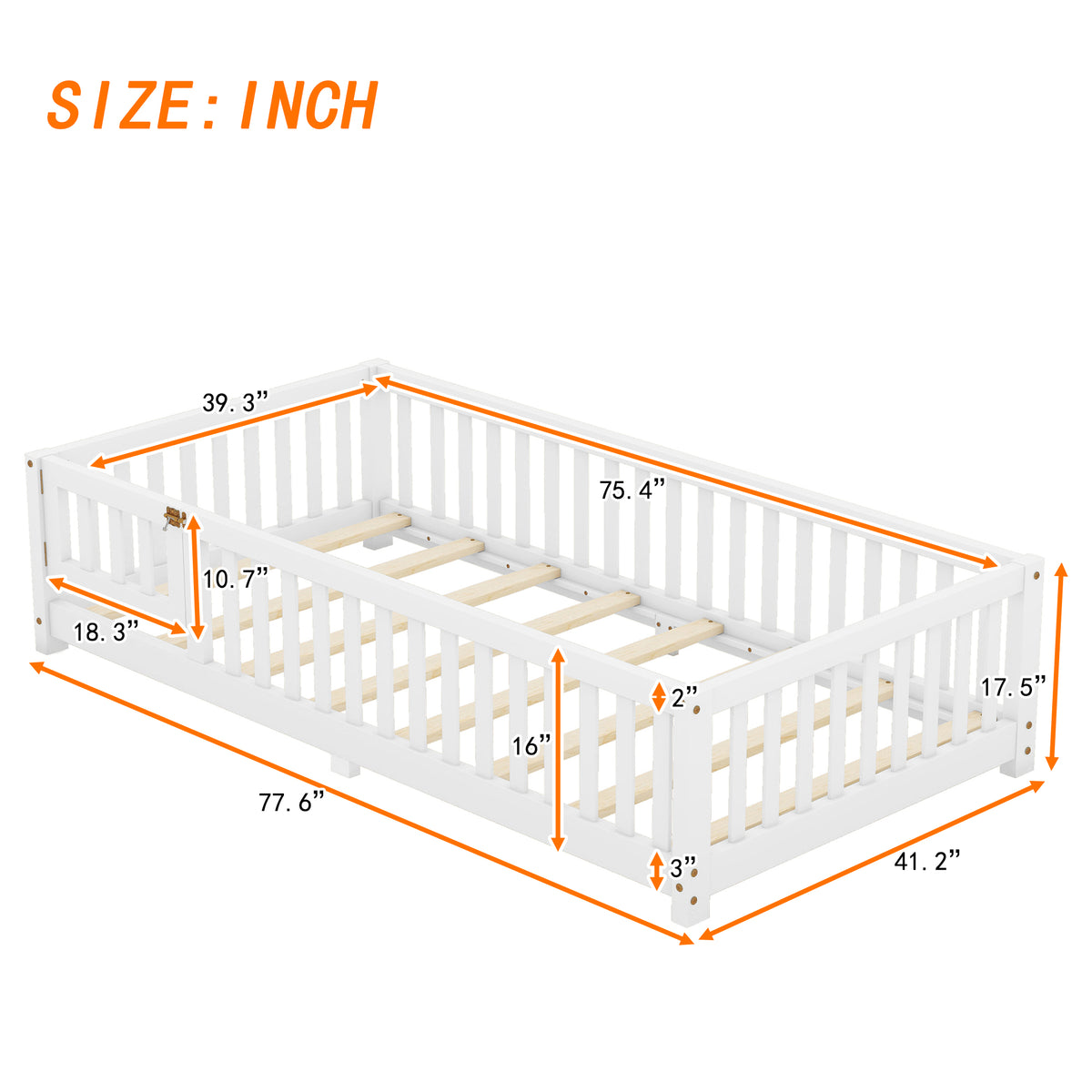 Twin Floor Bed with Guardrails White