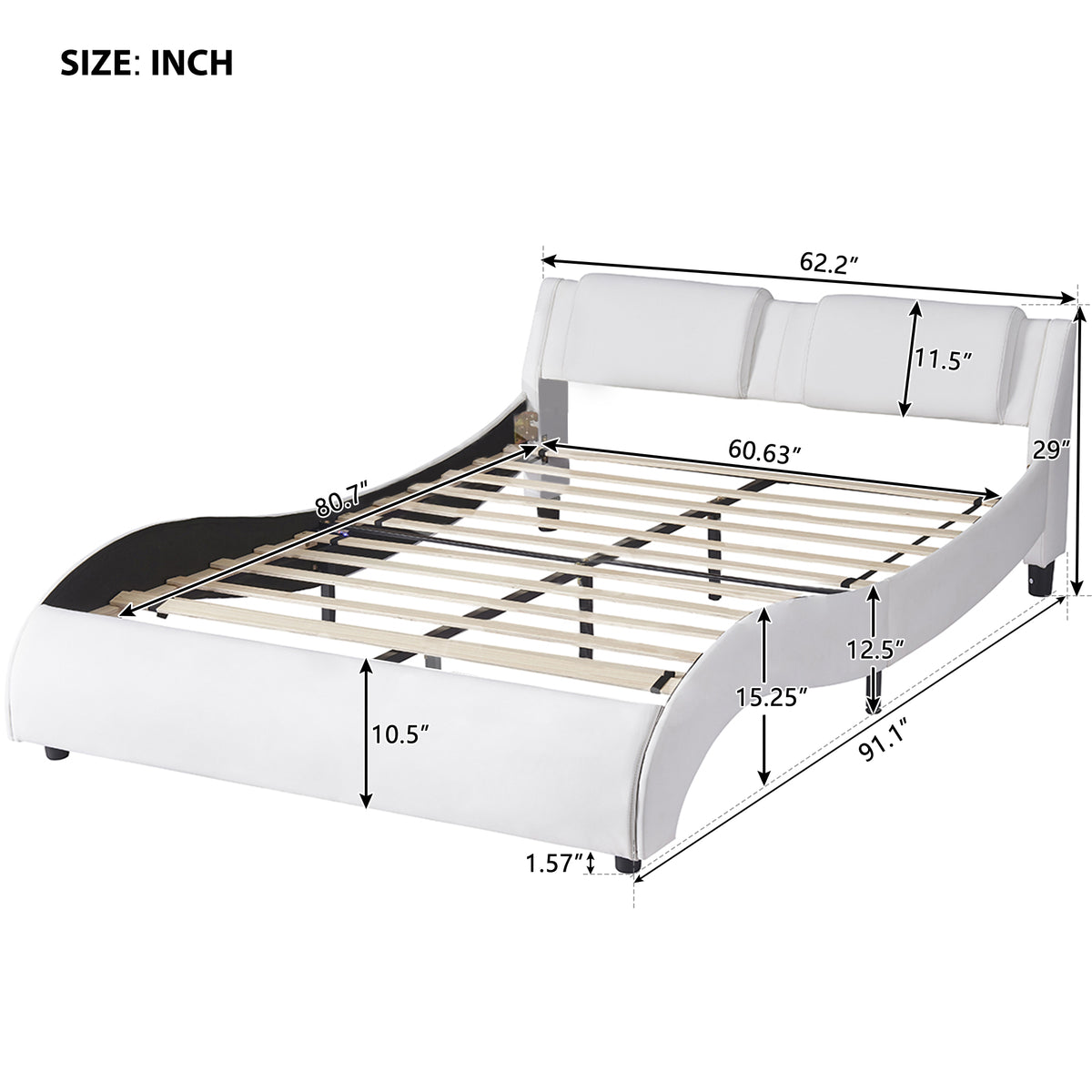 Queen Faux Leather Platform Bed with LED White